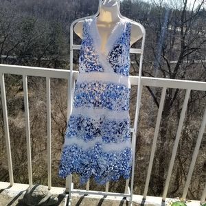 Tahari Blue White Lace Midi Dress